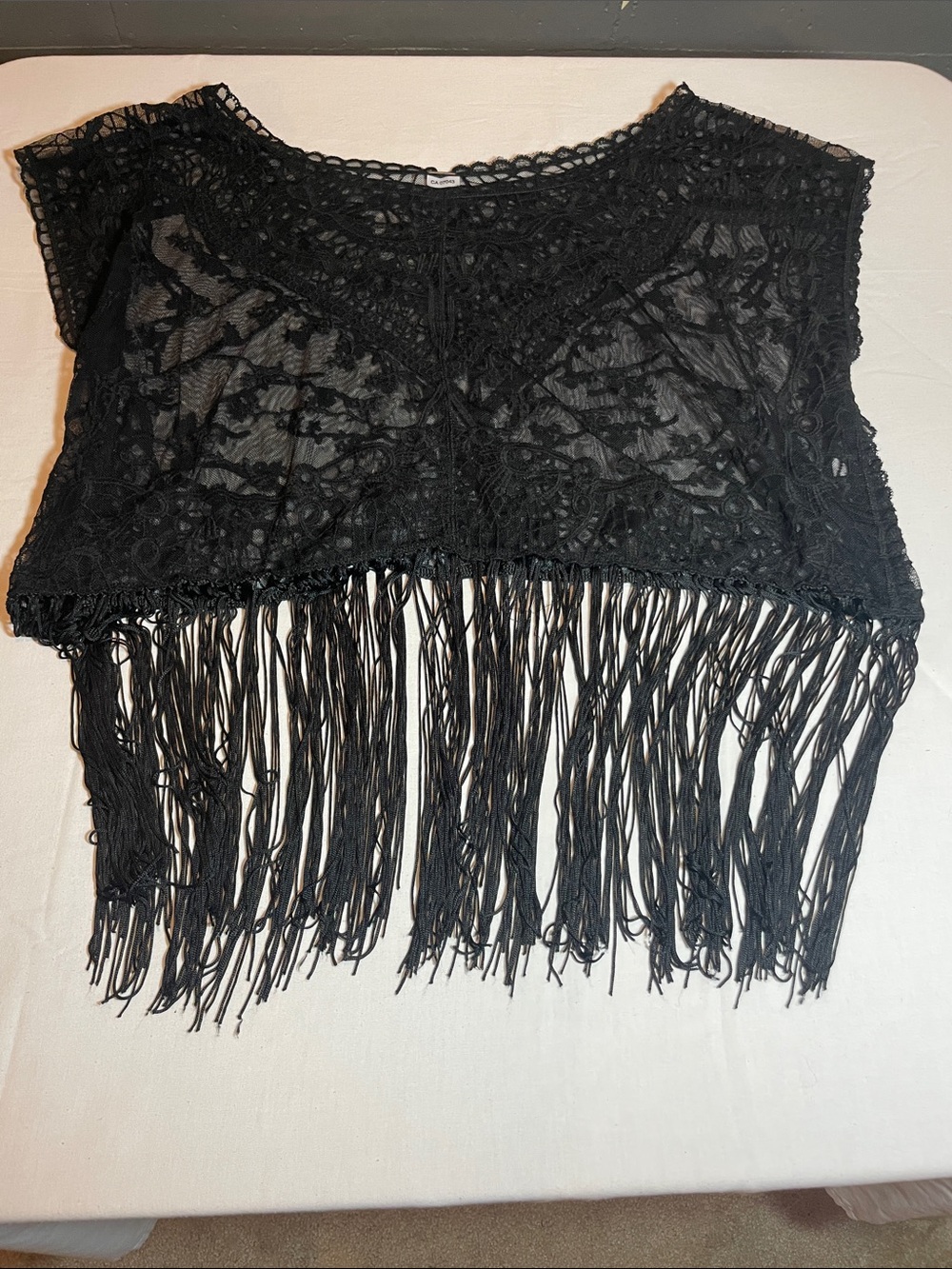 Poof! Black Sheer Crochet Top with Metal Logo Tag